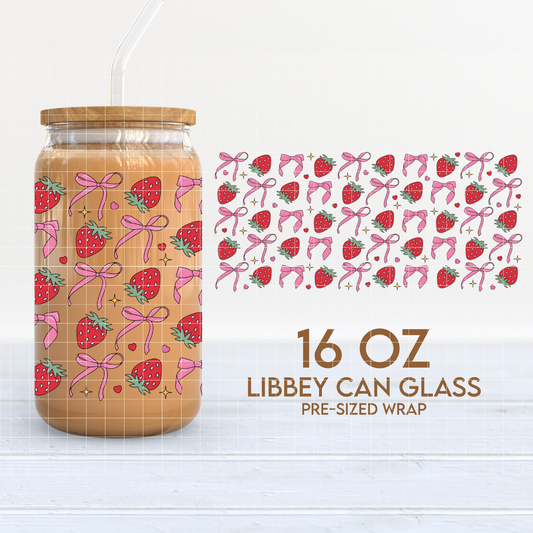Bows & Strawberries Cup Wrap | Valentines Day 16oz Libbey Can Glass PNG SVG