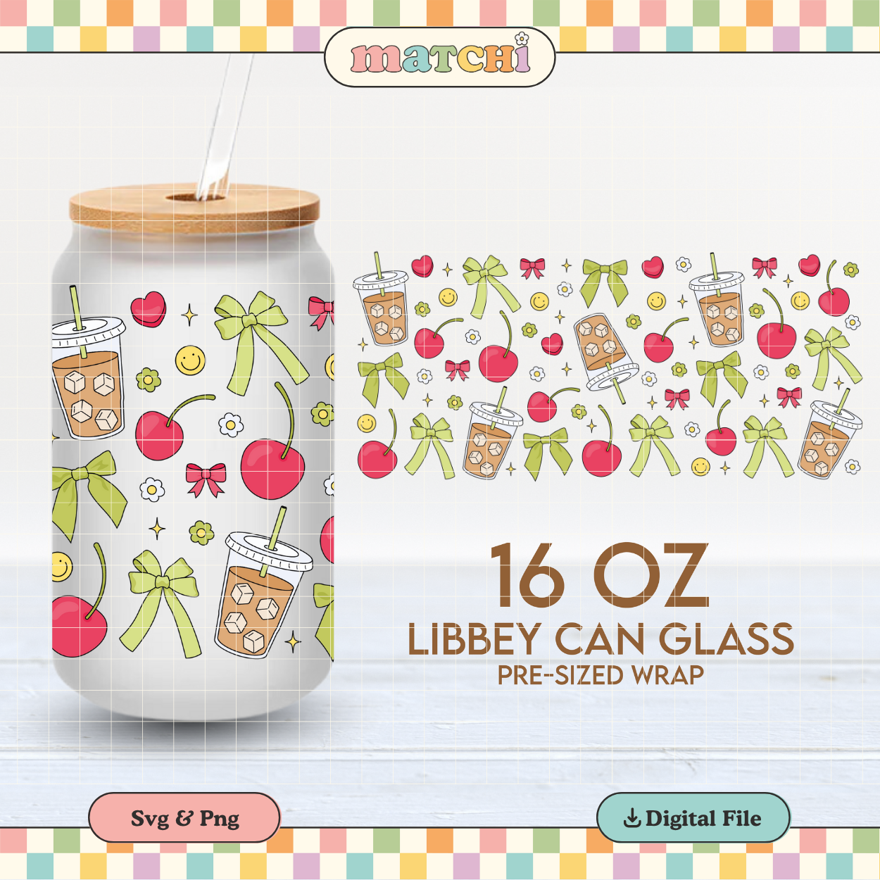 Iced Coffee, Bows & Cherries | 16oz Cup Wrap PNG SVG