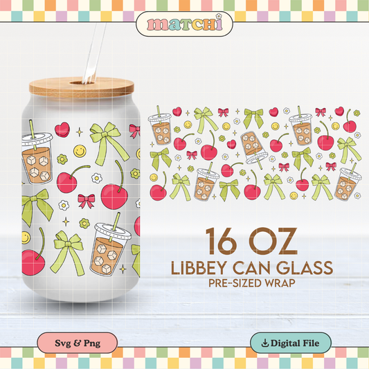 Iced Coffee, Bows & Cherries | 16oz Cup Wrap PNG SVG