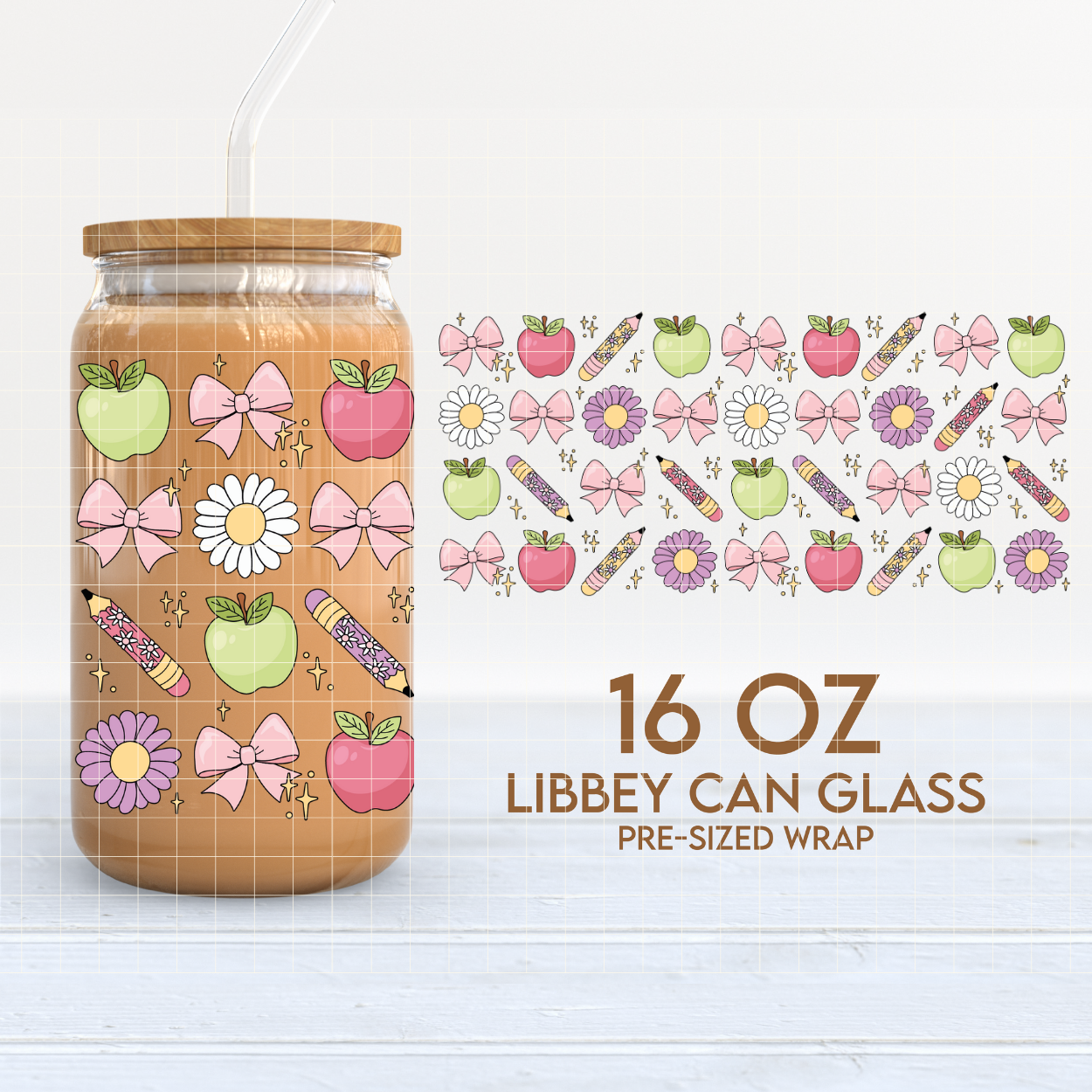 Bows, Apples & Pencil | School 16oz Cup Wrap PNG SVG