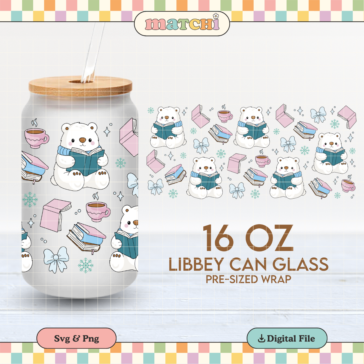 Bookish Bear | Cozy Winter 16oz Cup Wrap PNG SVG