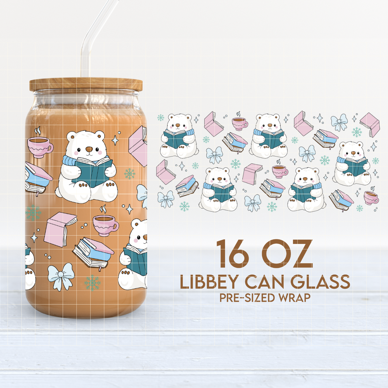 Bookish Bear | Cozy Winter 16oz Cup Wrap PNG SVG