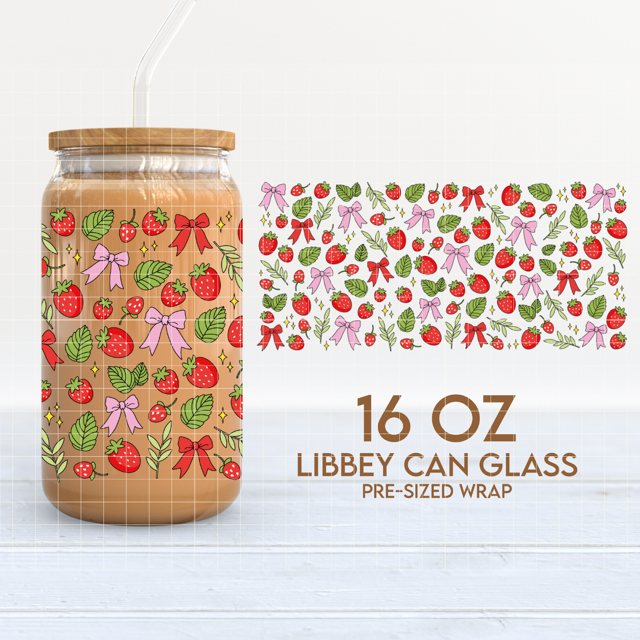 Strawberries & Bows | Summer 16oz Cup Wrap PNG SVG