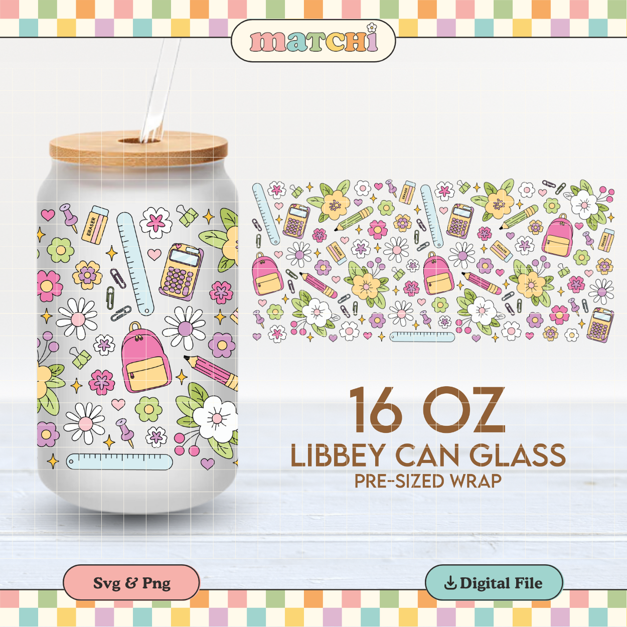 School Stuff & Flowers | School 16oz Cup Wrap PNG SVG