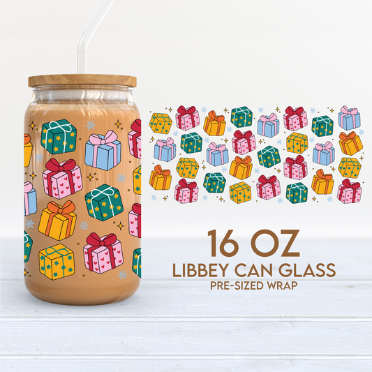 Christmas Presents Cup Wrap | Pink Christmas 16oz Libbey Can Glass | Xmas PNG SVG