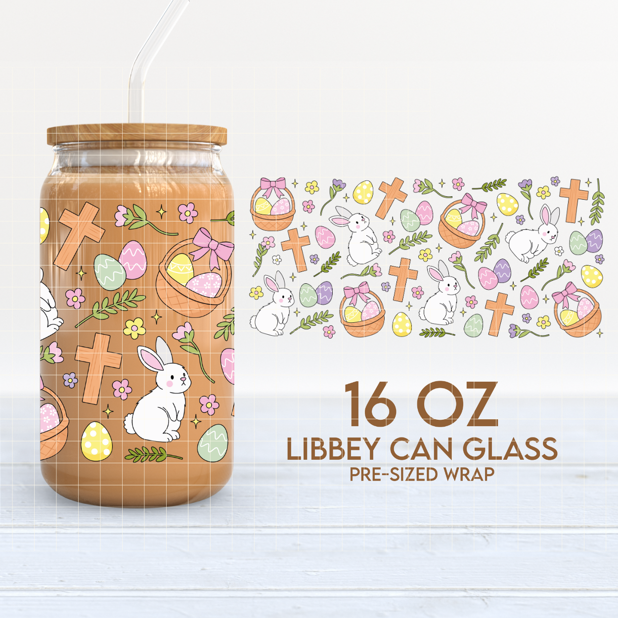 Easter Bunny, Eggs & Cross | Religious 16oz Cup Wrap PNG SVG