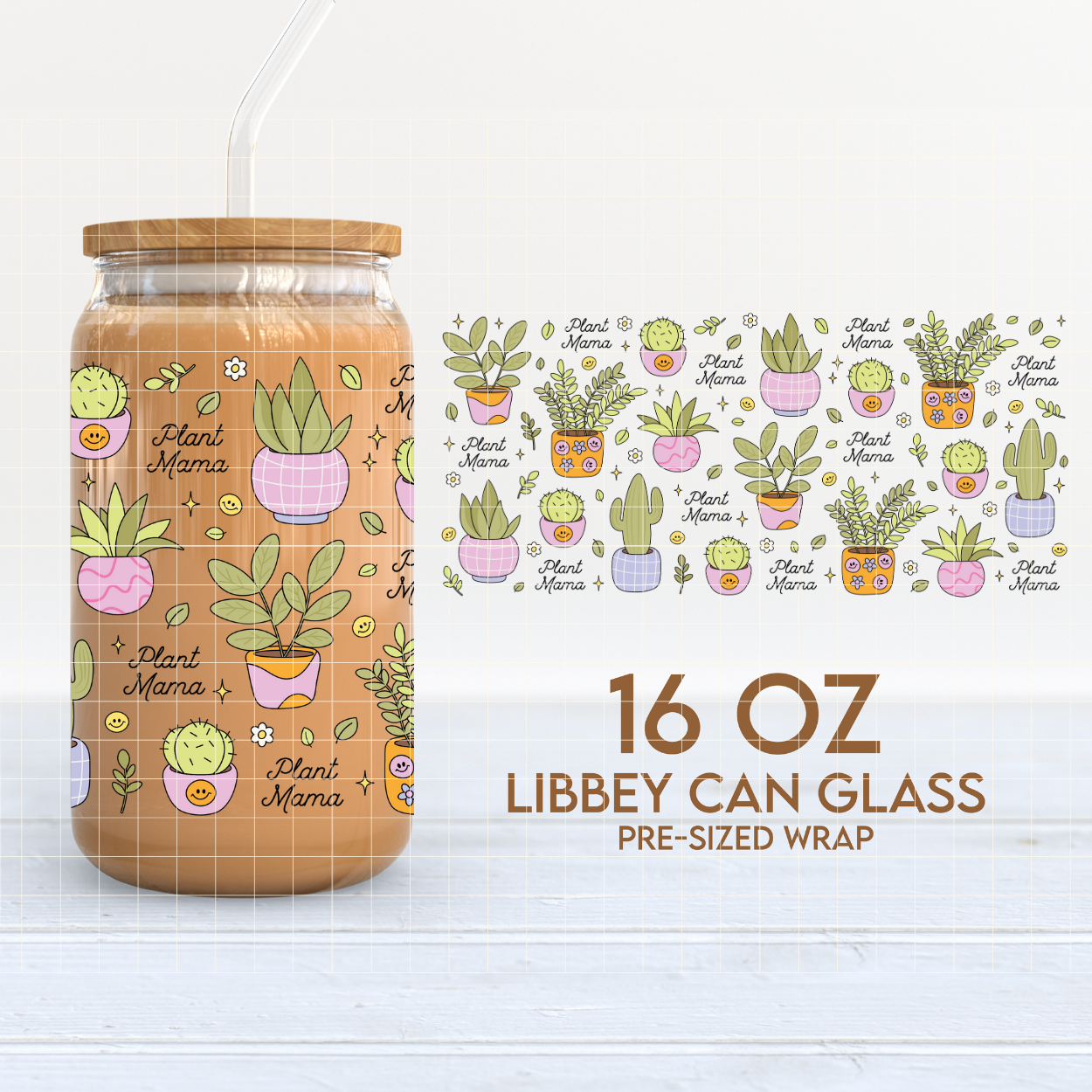 Plant Mama & Cute Pots 16oz Cup Wrap PNG SVG