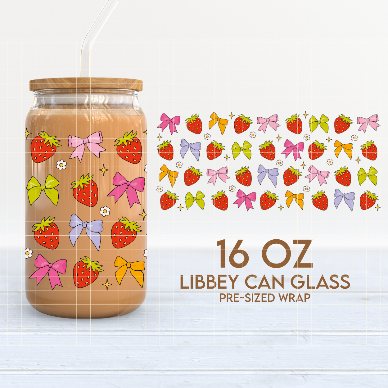 Strawberries & Bows | 16oz Cup Wrap PNG SVG