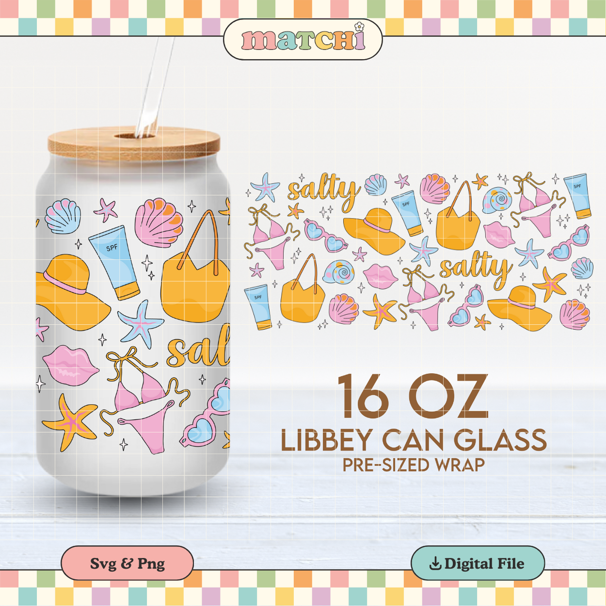 Salty Summer | Beach Essentials 16oz Cup Wrap PNG SVG