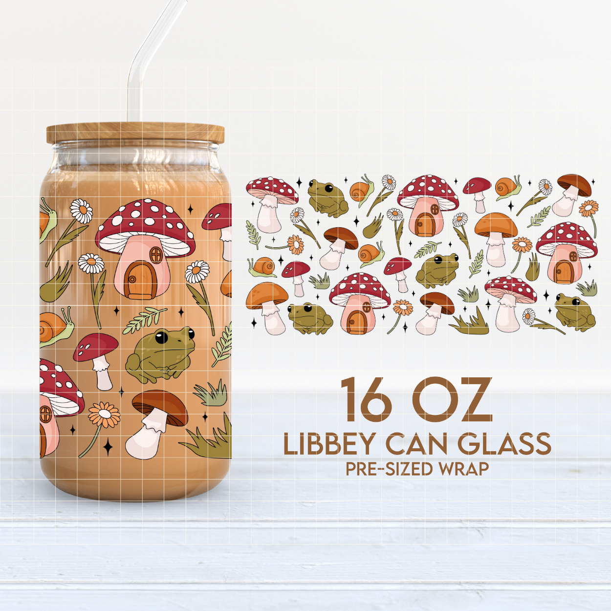 Mushrooms & Frogs | Goblincore 16oz Cup Wrap PNG SVG