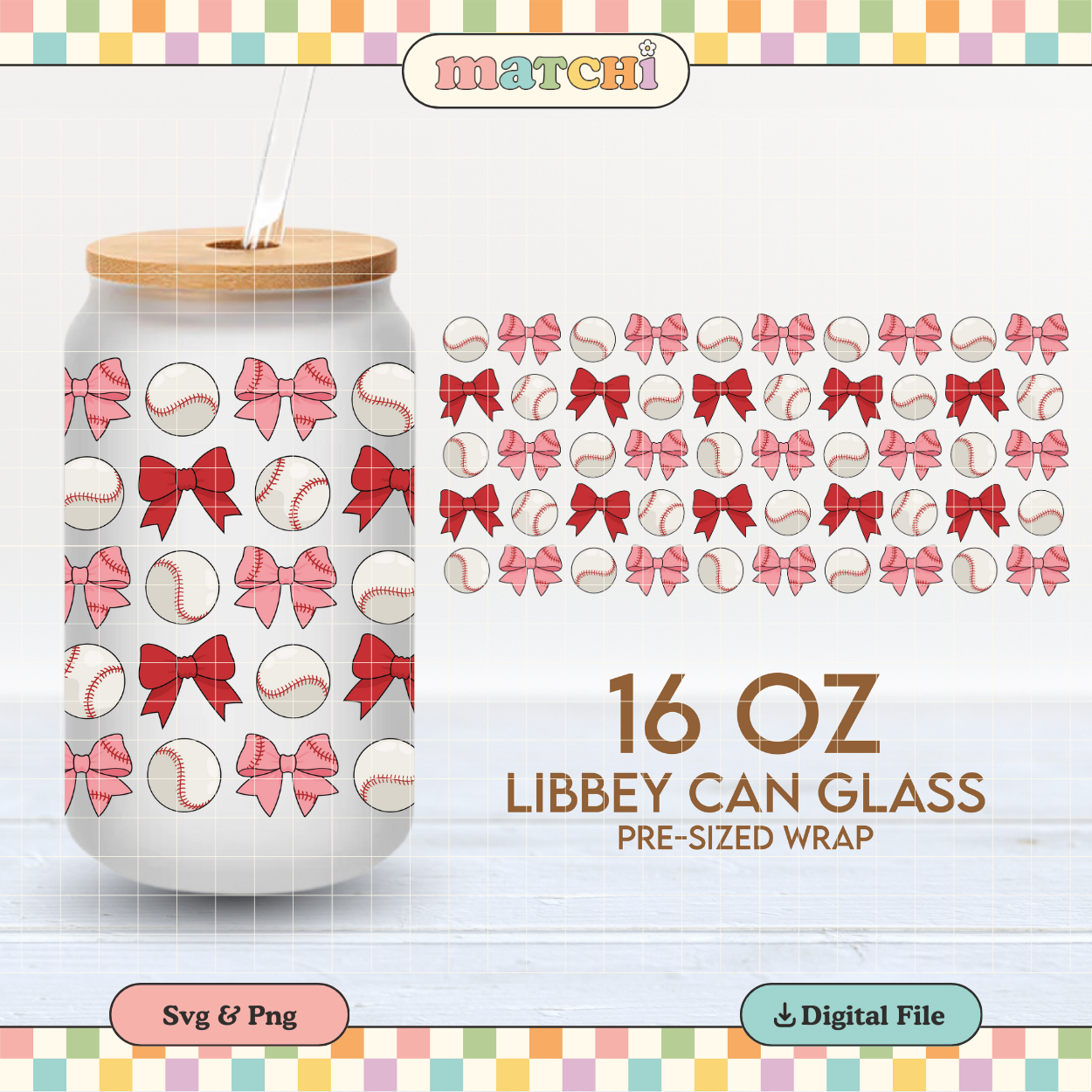 Baseball and Bows | Baseball 16oz Cup Wrap PNG SVG
