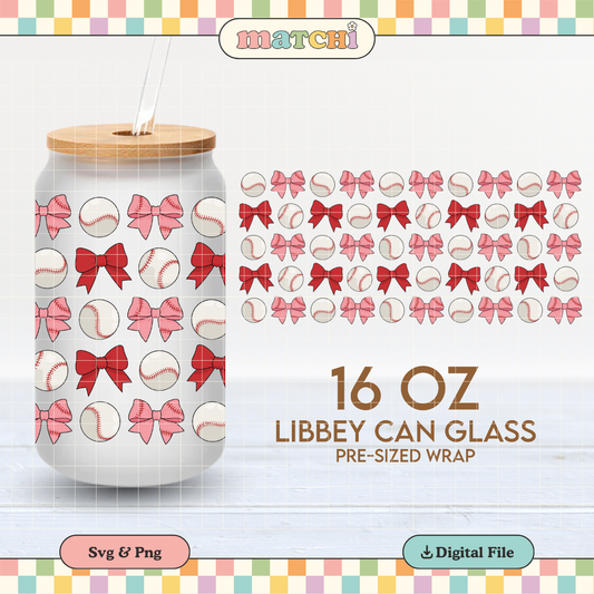 Baseball and Bows | Baseball 16oz Cup Wrap PNG SVG