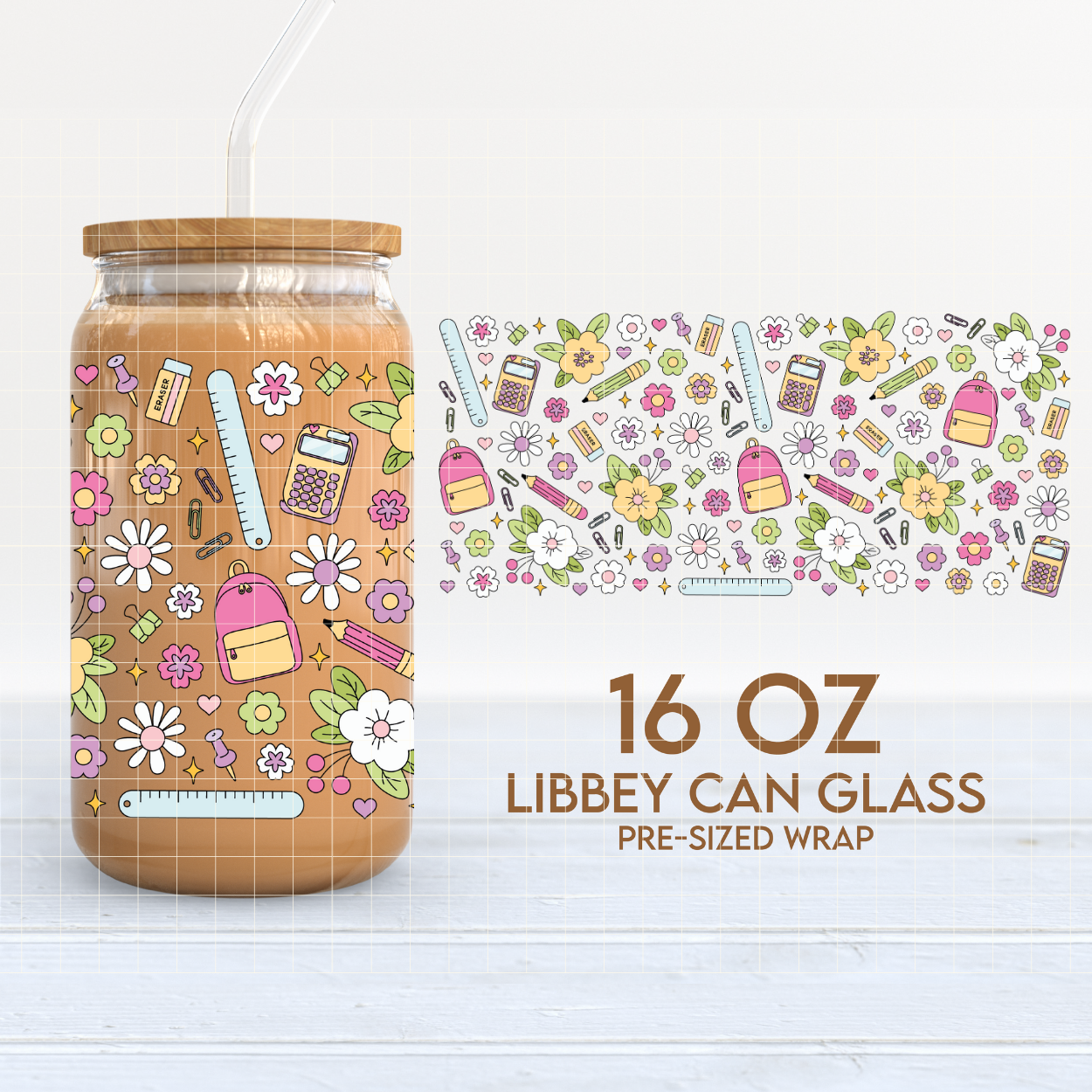 School Stuff & Flowers | School 16oz Cup Wrap PNG SVG