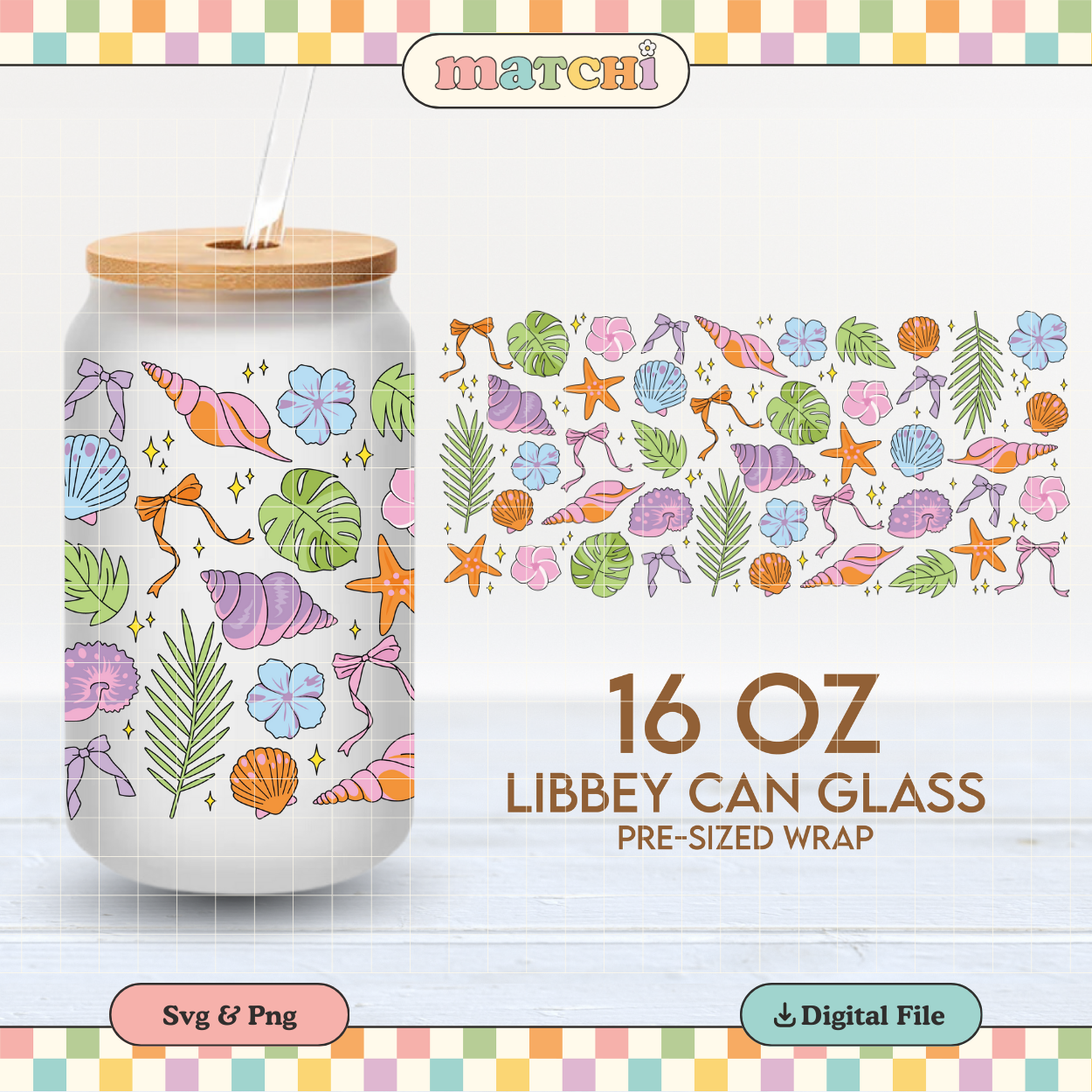 Seashells & Bows | Summer 16oz Cup Wrap PNG SVG
