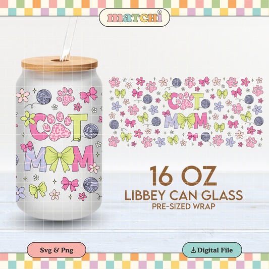 Cat Mom, Flowers & Bows 16oz Cup Wrap PNG SVG