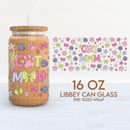 Cat Mom, Flowers & Bows 16oz Cup Wrap PNG SVG