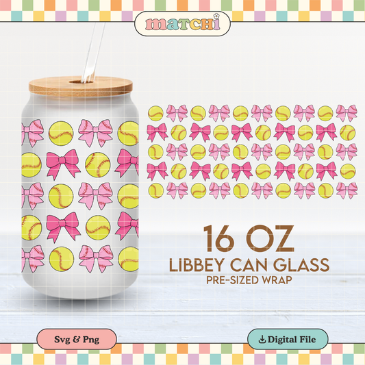Softball and Bows | Softball 16oz Cup Wrap PNG SVG