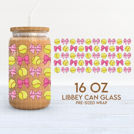 Softball and Bows | Softball 16oz Cup Wrap PNG SVG