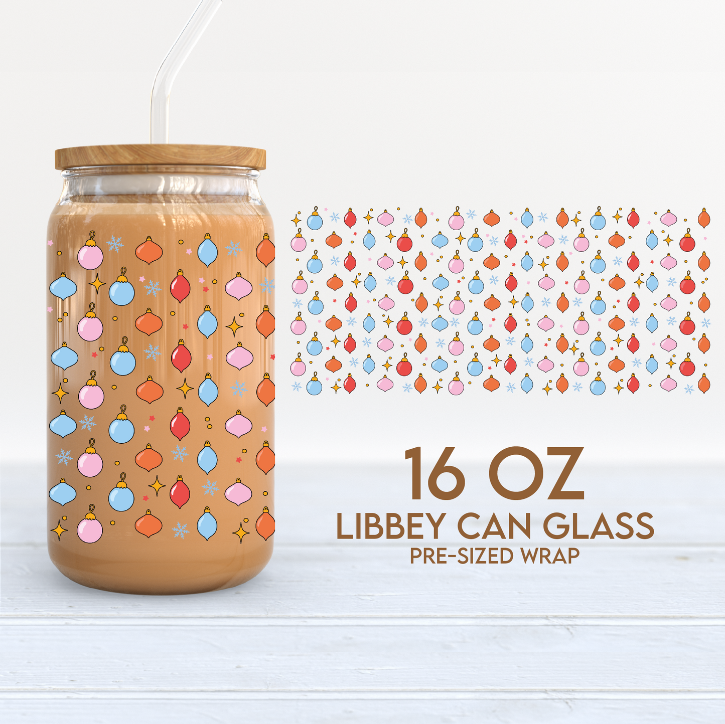 Christmas Ornaments Cup Wrap | Christmas 16oz Libbey Can Glass | Xmas PNG SVG