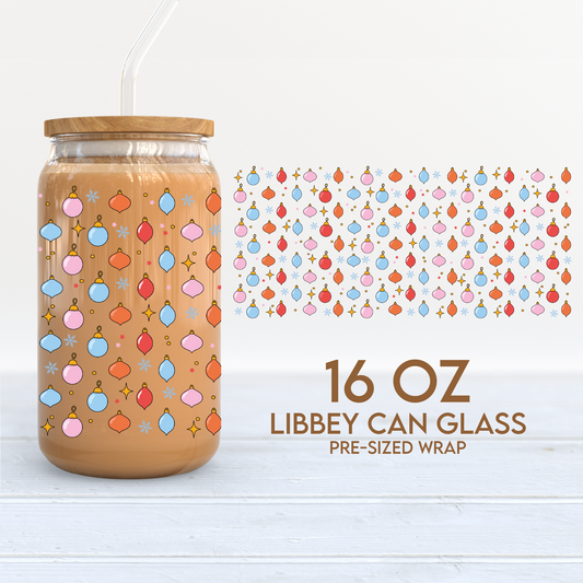 Christmas Ornaments Cup Wrap | Christmas 16oz Libbey Can Glass | Xmas PNG SVG