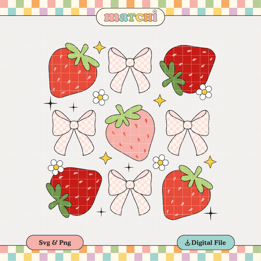 Strawberries & Bows PNG SVG | Aesthetic Summer Sublimation | Trendy Tshirt Design