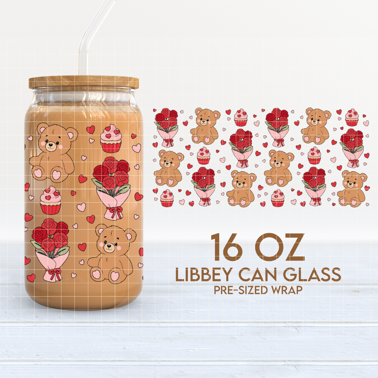 Teddies & Roses | Valentine's 16oz Cup Wrap PNG SVG