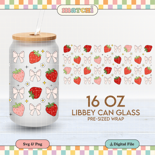 Strawberries & Bows Cup Wrap | Summer 16oz Libbey Can Glass | Trendy PNG SVG