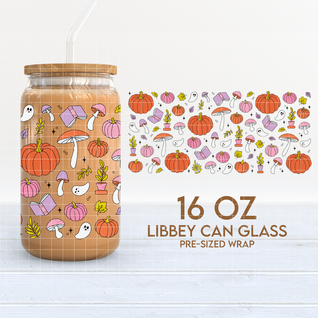 Pumpkins, Ghosts & Books | Bookish Fall 16oz Cup Wrap PNG SVG