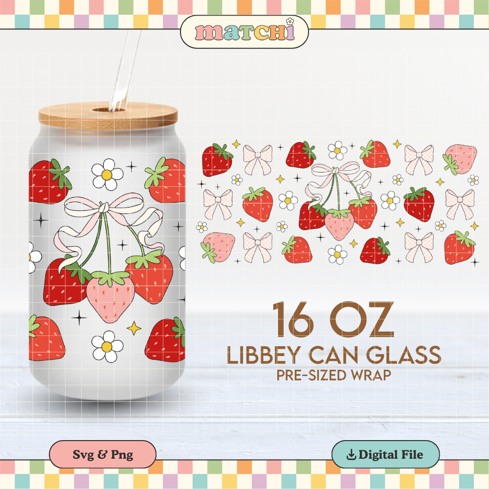 Strawberries & Bows Cup Wrap | Summer 16oz Libbey Can Glass | Trendy PNG SVG