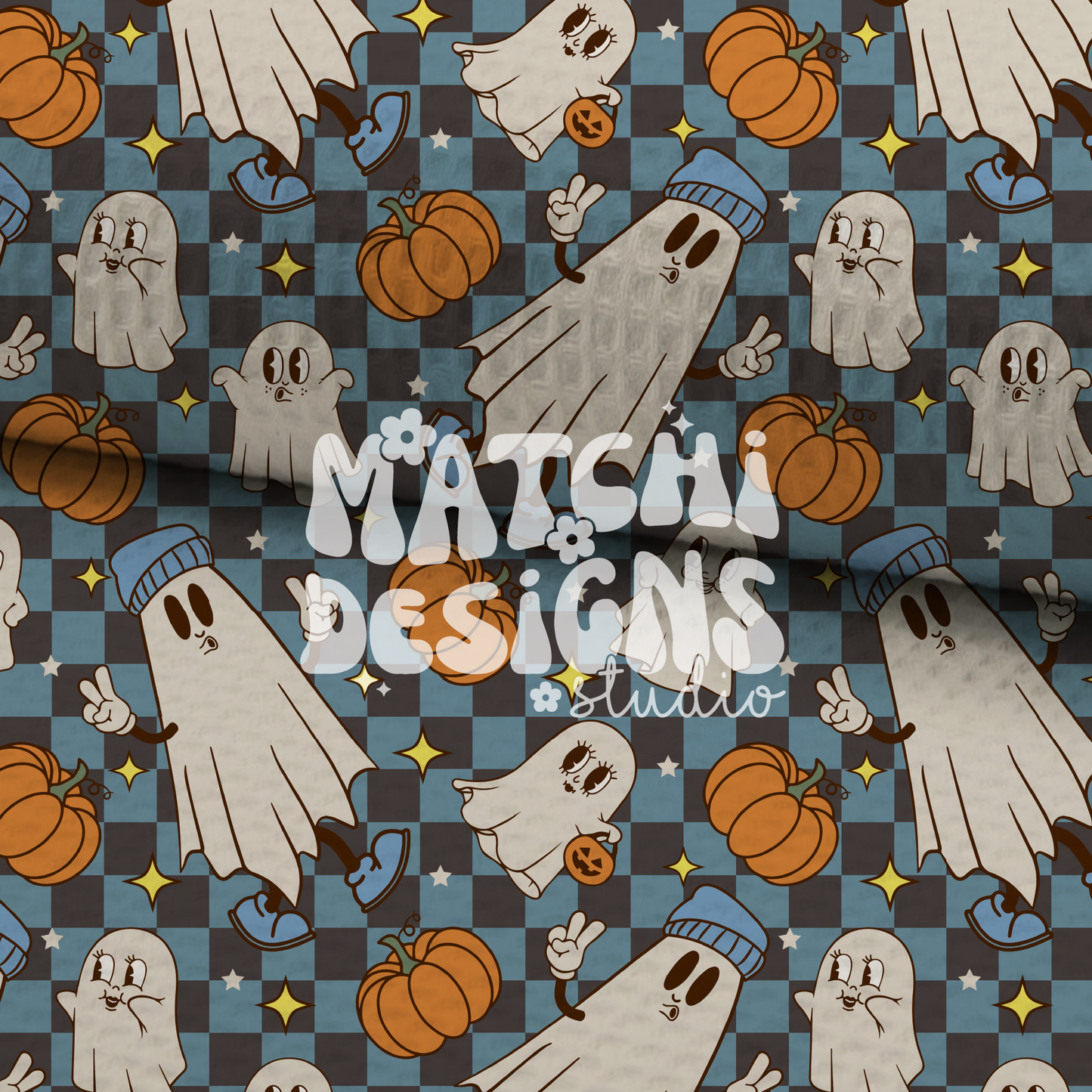 Halloween Blue Seamless Pattern, Pumpkins and Ghosts Pattern for Fabric Sublimation
