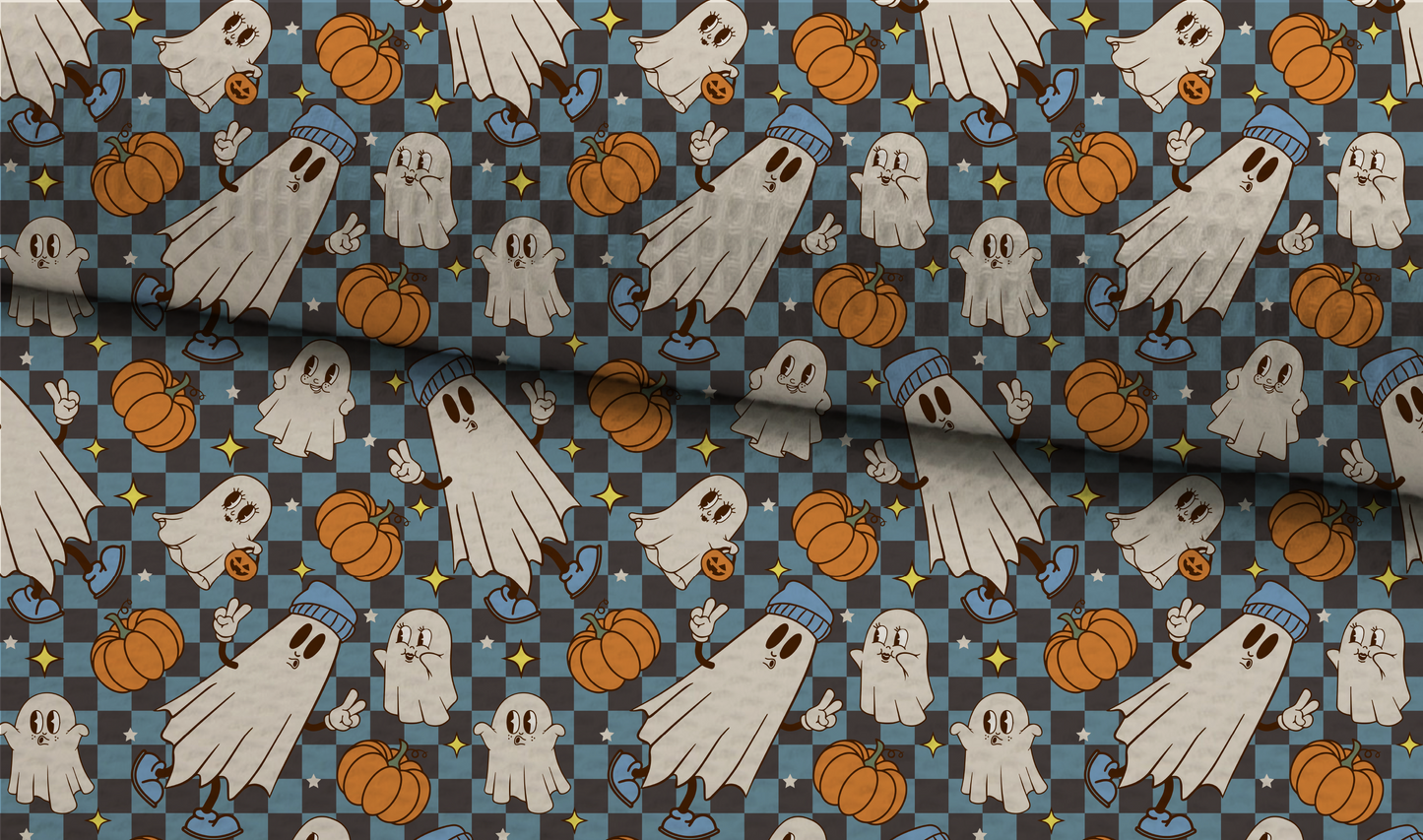 Halloween Blue Seamless Pattern, Pumpkins and Ghosts Pattern for Fabric Sublimation