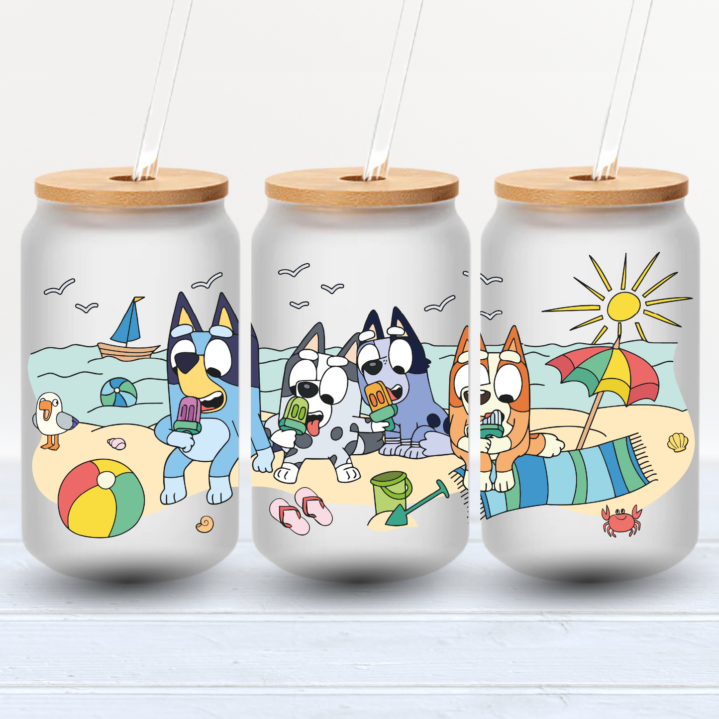 Bluey Summer Cup Wrap | Starbucks 16oz Libbey Can Glass | Beach Vibes PNG SVG