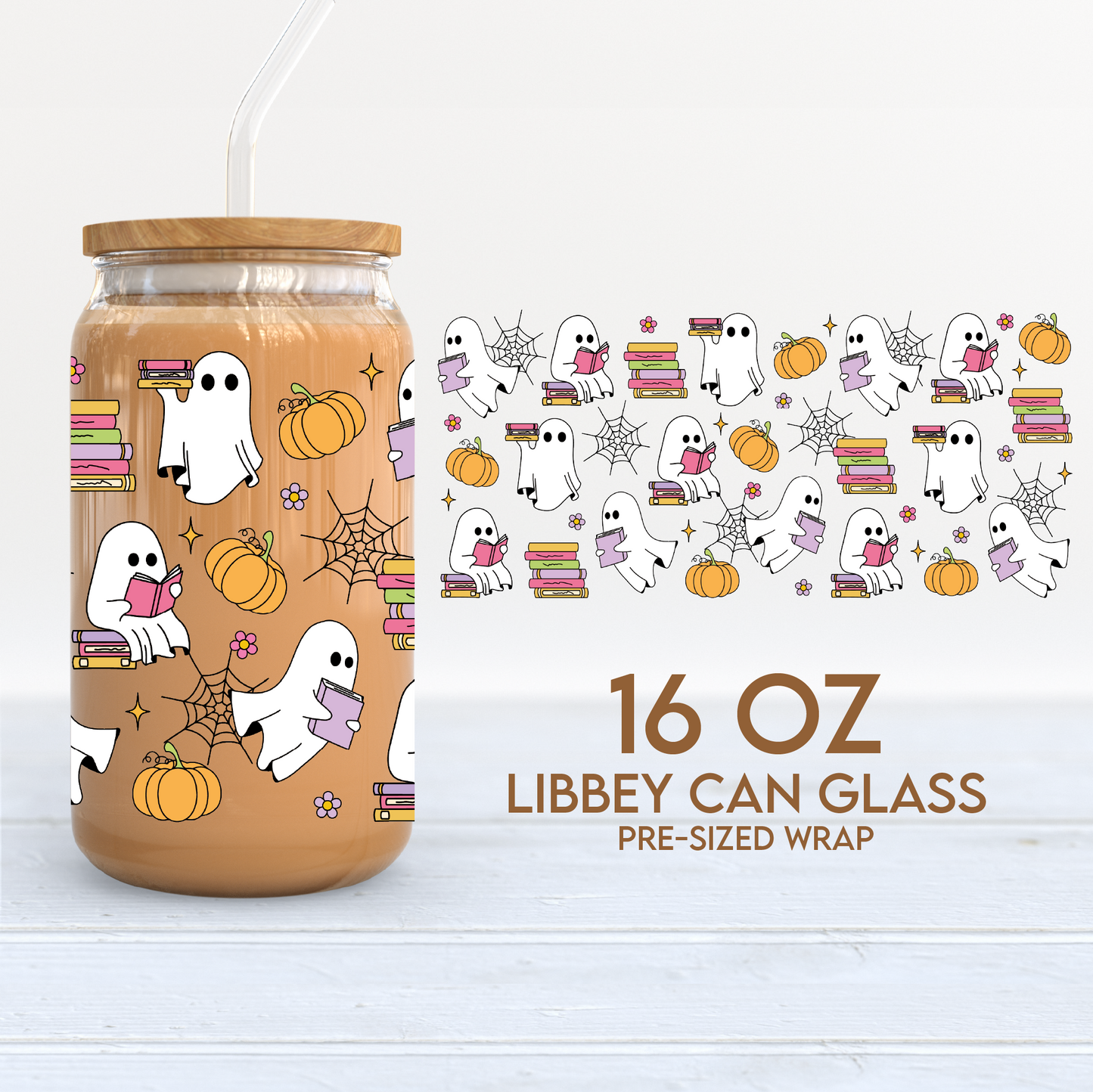 Bookish Ghosts Cup Wrap | Halloween 16oz Libbey Can Glass | Cute Spooky PNG SVG