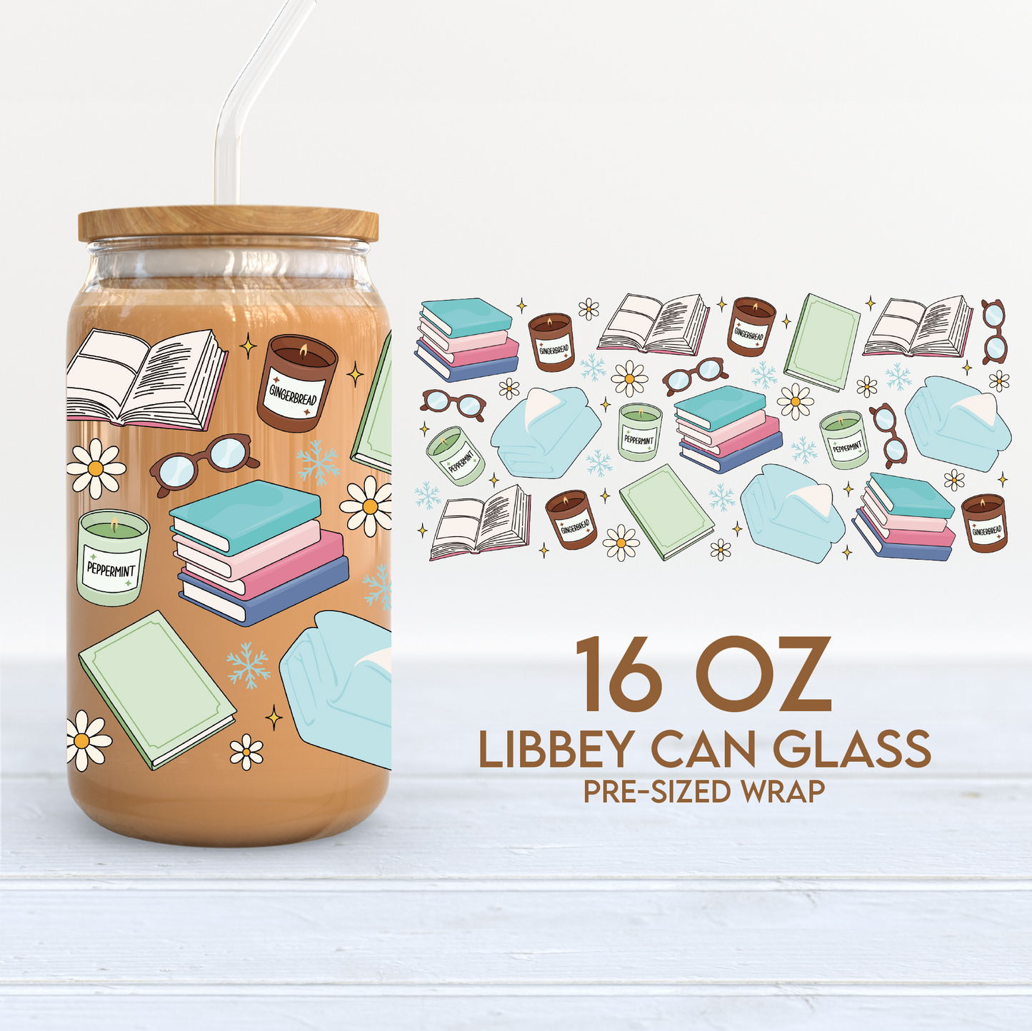 Bookish Winter Cup Wrap | Winter Girl 16oz Libbey Can Glass | Book Lover PNG SVG