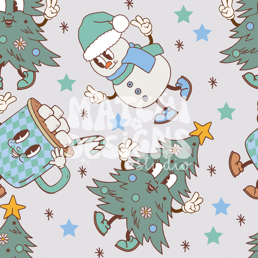 Christmas Cartoons Seamless Pattern, Groovy Xmas Blue Pattern for Fabric Sublimation