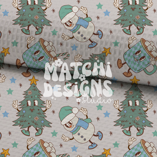 Christmas Cartoons Seamless Pattern, Groovy Xmas Blue Pattern for Fabric Sublimation