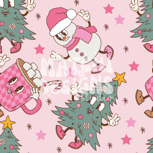 Christmas Cartoons Seamless Pattern, Groovy Xmas Pink Pattern for Fabric Sublimation