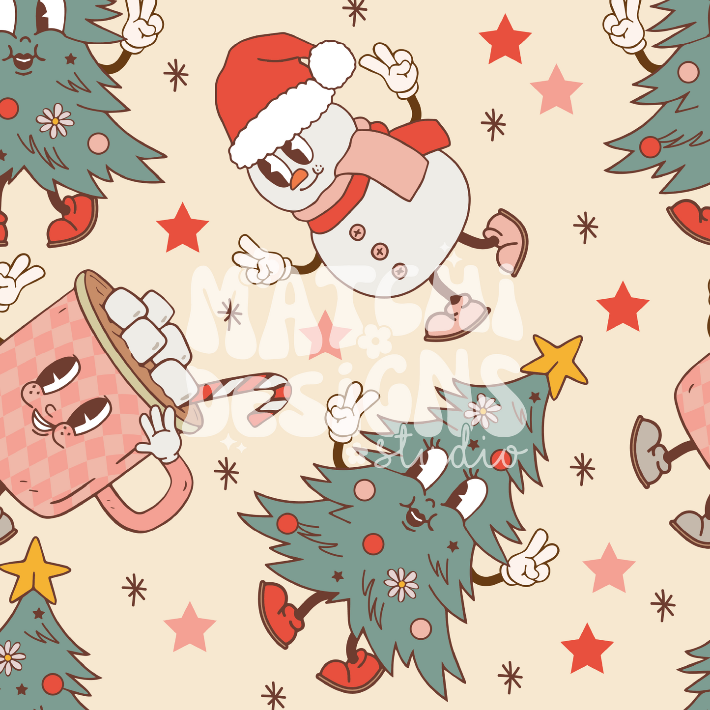 Christmas Cartoons Seamless Pattern, Groovy Xmas Red Pattern for Fabric Sublimation