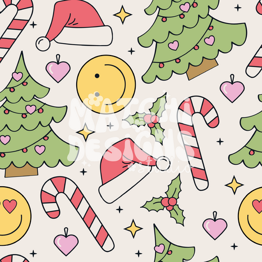 Christmas Groovy Doodles Seamless Pattern, Christmas Pattern for Fabric Sublimation