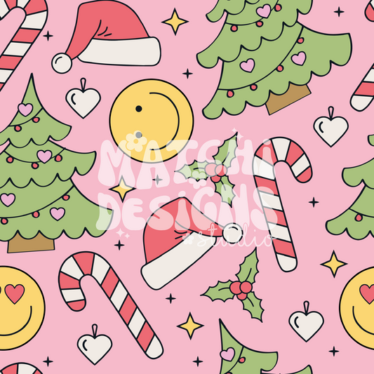 Christmas Groovy Doodles Seamless Pattern, Xmas Pink Pattern for Fabric Sublimation