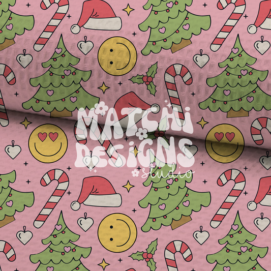 Christmas Groovy Doodles Seamless Pattern, Xmas Pink Pattern for Fabric Sublimation