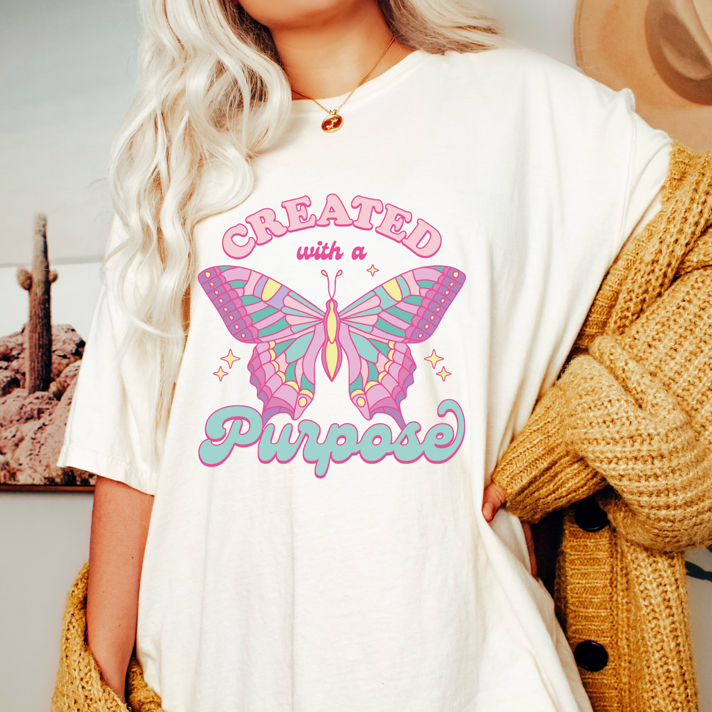 Created With a Purpose PNG SVG | Retro Christian Sublimation | Butterfly T shirt Design