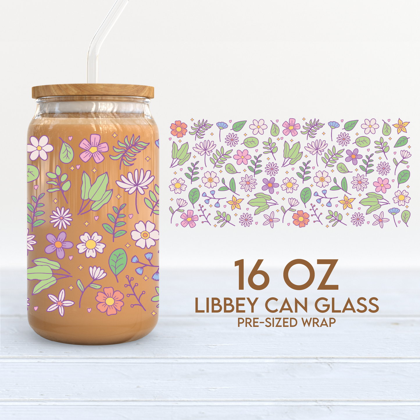 Spring Flowers & Leaves Wrap | 16oz Libbey Can Glass | Spring PNG SVG