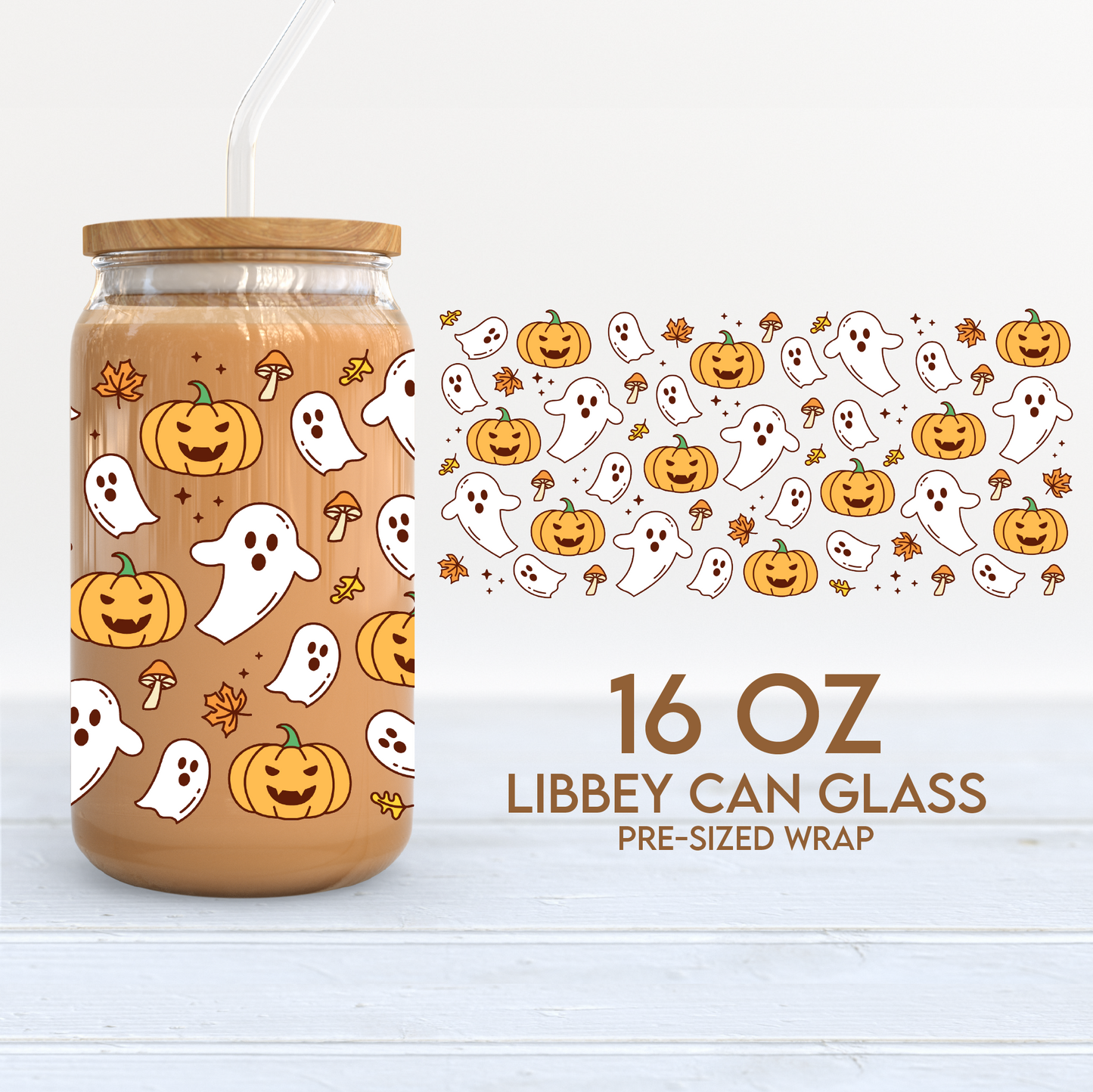 Ghosts & Spooky Pumpkins Cup Wrap | Halloween 16oz Libbey Can Glass | Fall PNG SVG