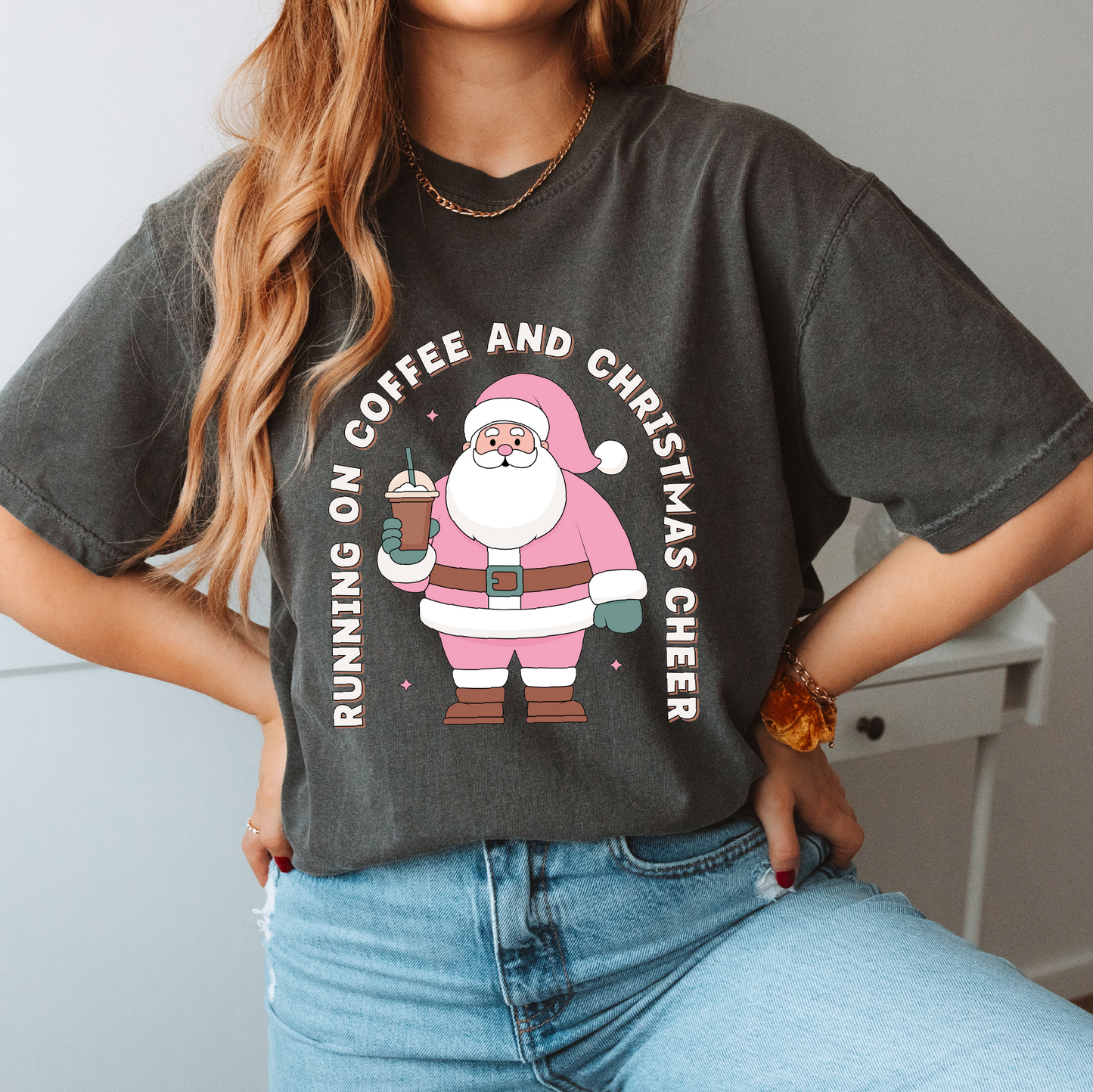 Coffee and Christmas Cheer PNG SVG | Pink Santa Sublimation | Christmas Tshirt Design