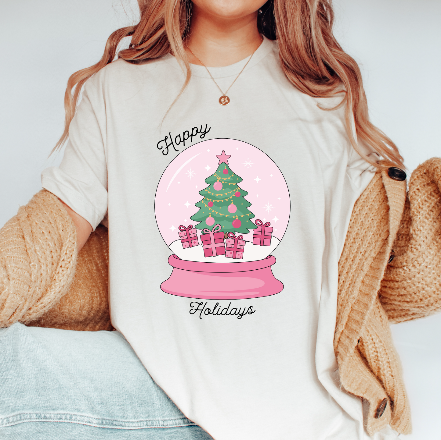 Happy Holidays PNG SVG | Pink Christmas Tree Sublimation | Snow Globe Tshirt Design