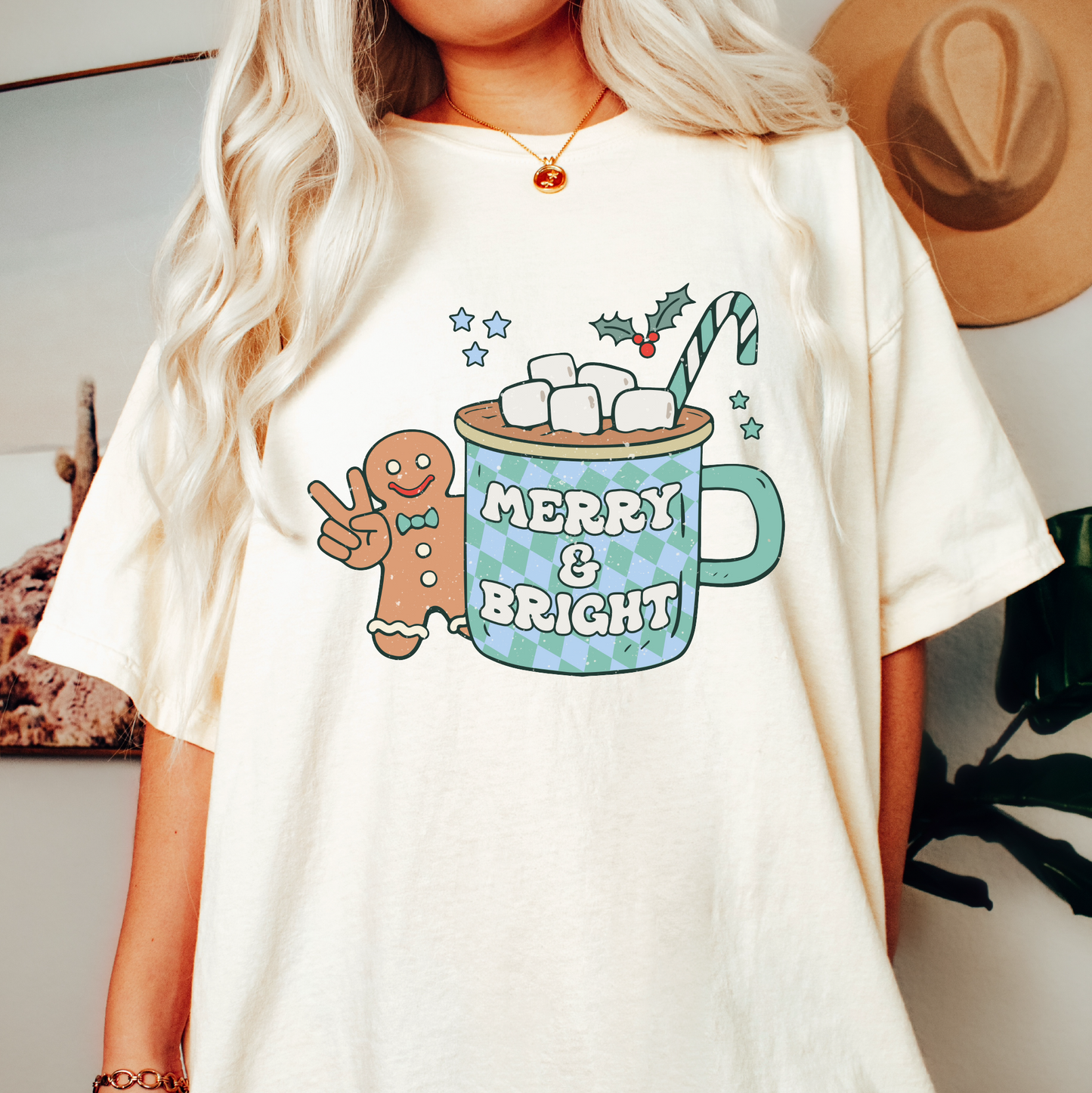 Merry & Bright Hot Cocoa PNG | Retro Christmas Sublimation | Gingerbread T shirt Design