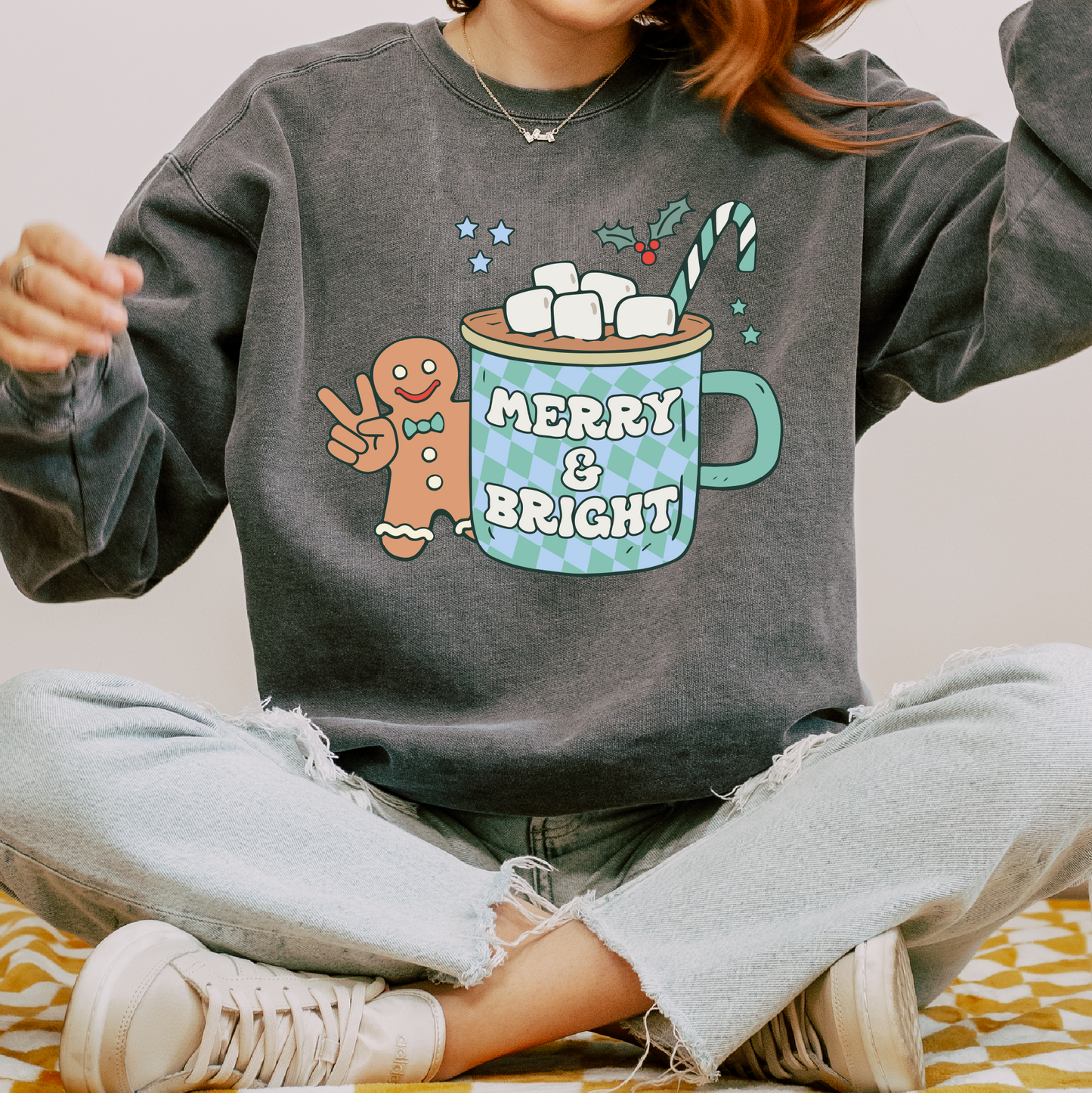 Merry & Bright Hot Cocoa PNG | Retro Christmas Sublimation | Gingerbread T shirt Design