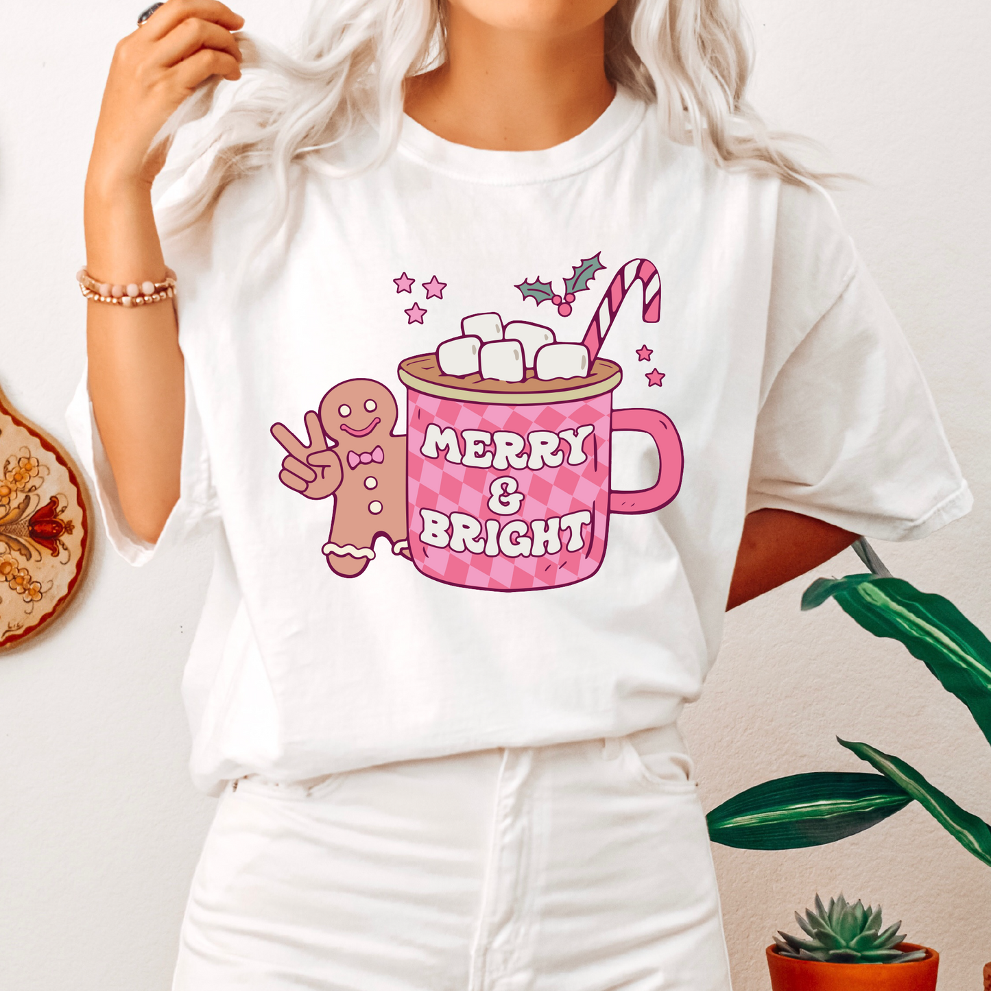 Merry & Bright Hot Cocoa PNG | Retro Christmas Sublimation | Gingerbread T shirt Design