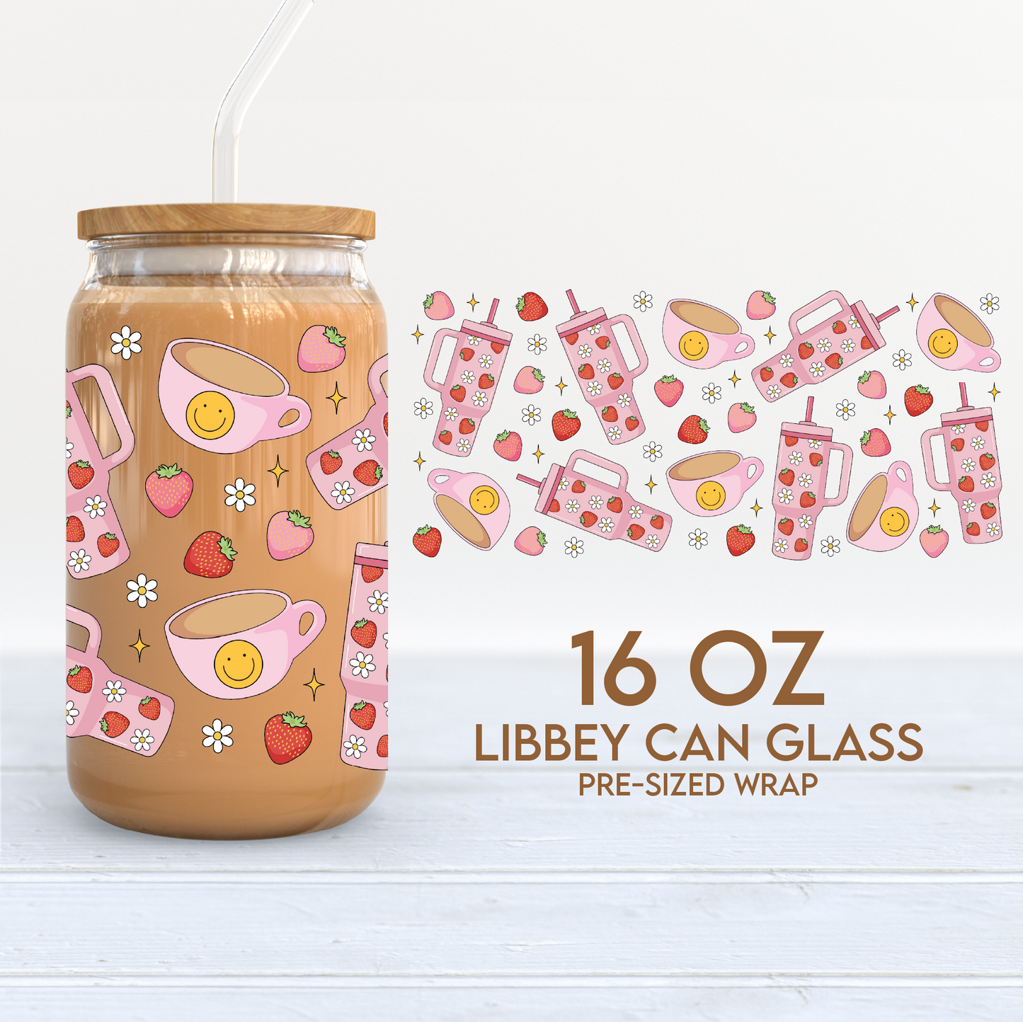 Pink Girly Drinks Cup Wrap | Coffee & Strawberries 16oz Libbey Can Glass PNG SVG